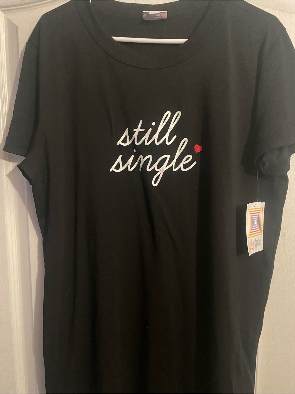 LuLaRoe Black Tee with White Script and Small Red Heart